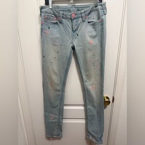 True Religion Light Blue Skinny Jeans with Pink and Black Accents
